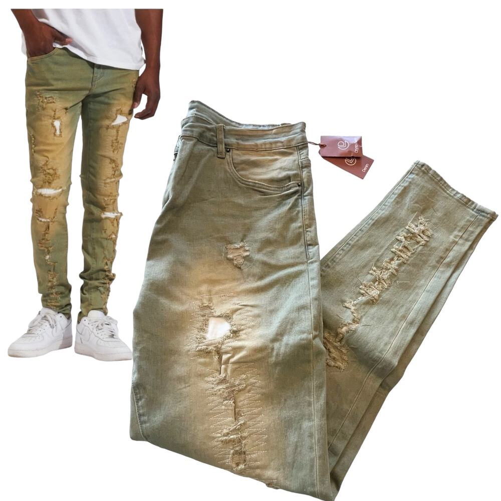 Crysp Denim Jeans Mens Sz 40x34 Fara Distressed Stretch Blue Gold Skinny Fit New